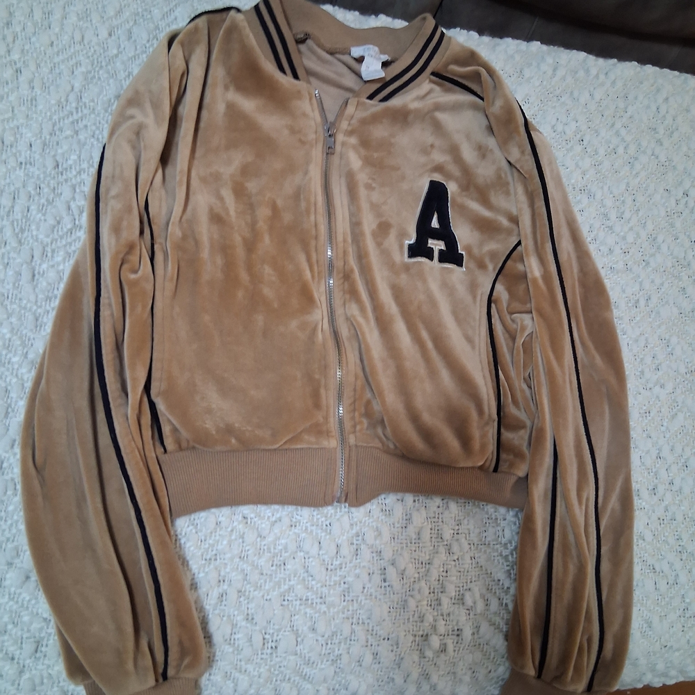 Refuge Athletica Velour Bomber Jacket - Tan/Camel - Size Medium - Varsity Style